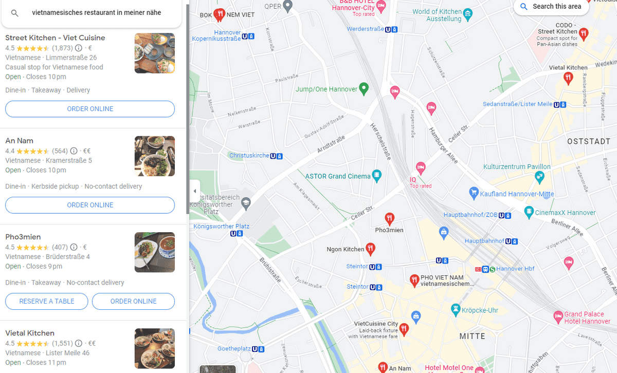 Ein Screenshot aus Google Maps. Es wird das Ergebniss für die Suche "Vietnamesische Restaurants in meiner Nähe" in Hannover gezeigt.