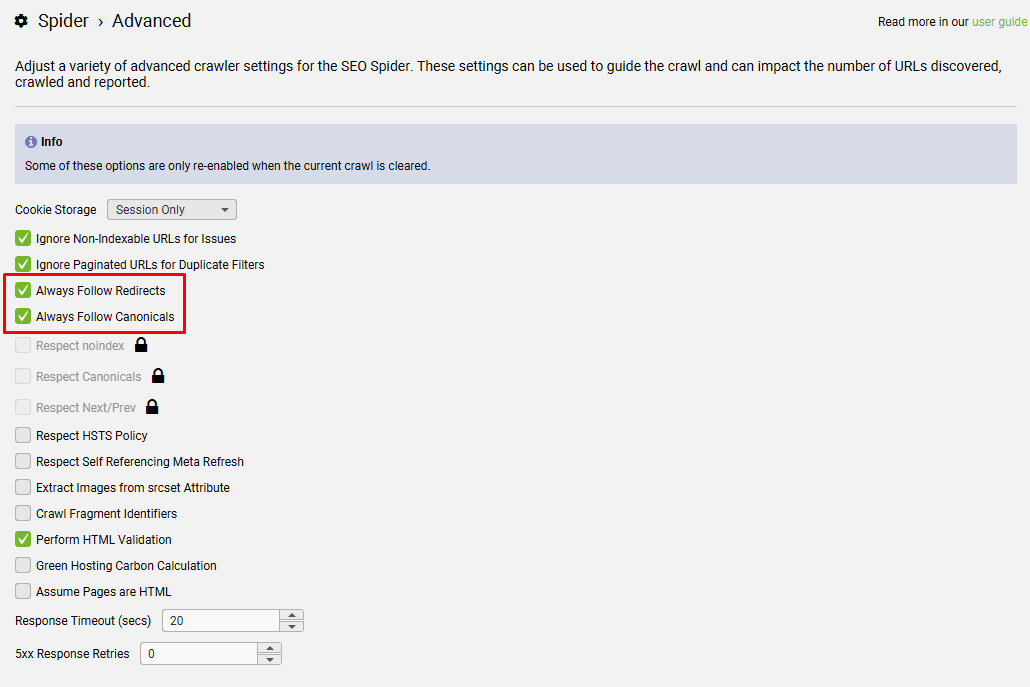 Screaming Frog Crawl-Konfiguration: Always Follow Redirects & Canonicals