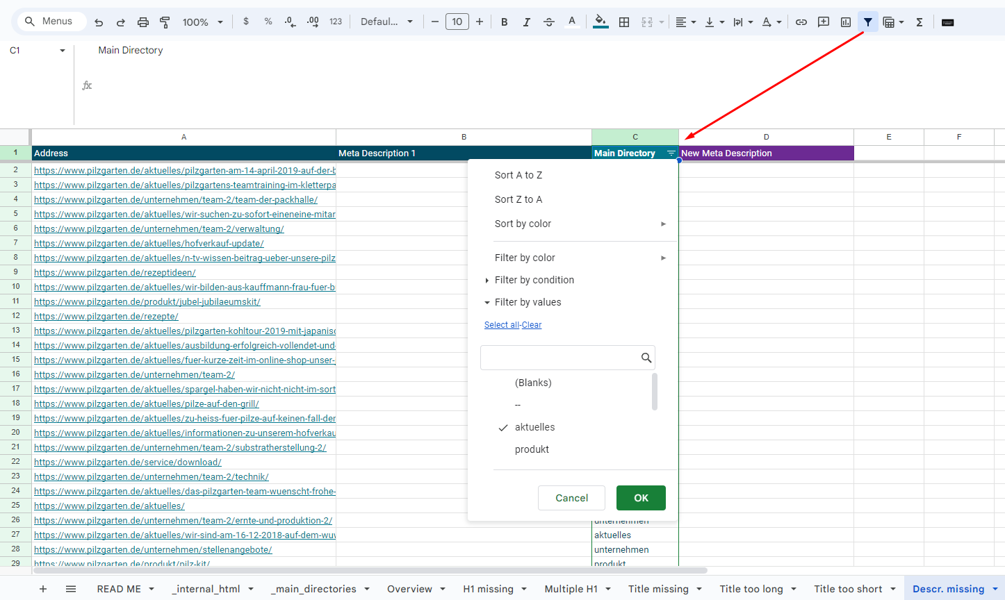 Wie man in Google Sheets nach Werten in einer Spalte filtern kann