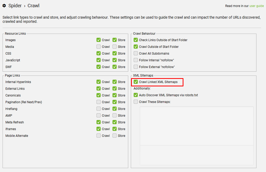 Screaming Frog Crawl-Konfiguration: Crawl Linked XML Sitemaps