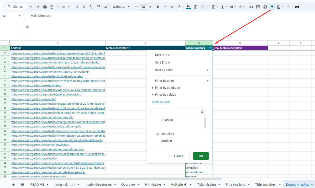 Wie man in Google Sheets nach Werten in einer Spalte filtern kann