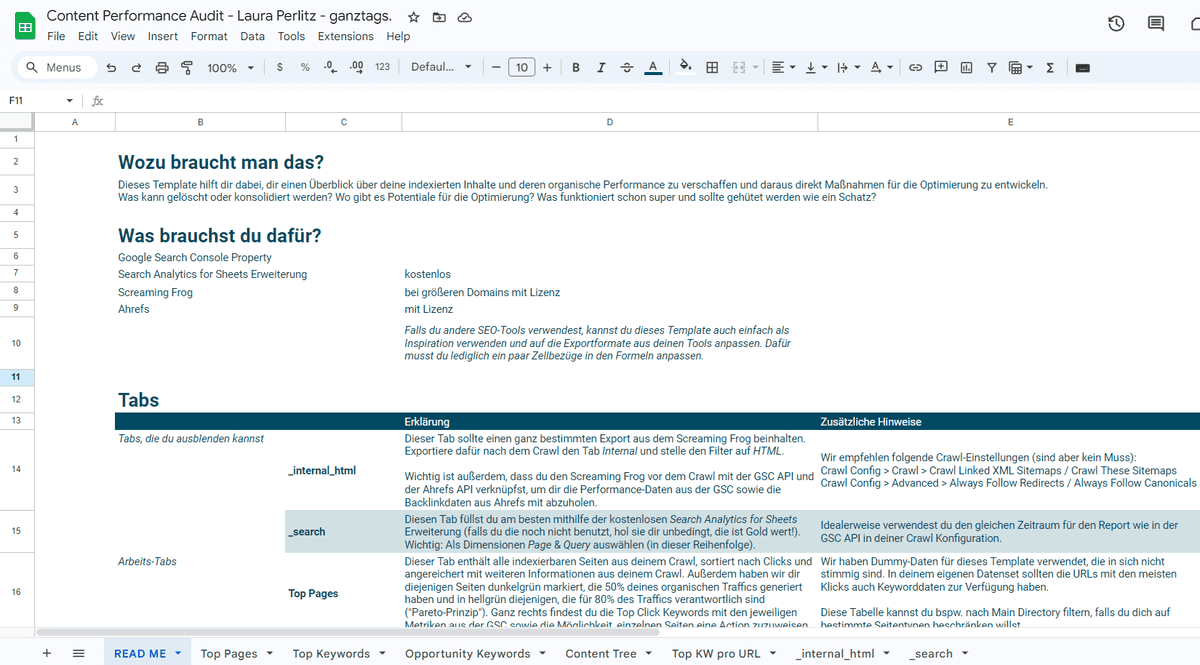 ReadMe-Tab für das Content Performance Audit Google Sheets Template